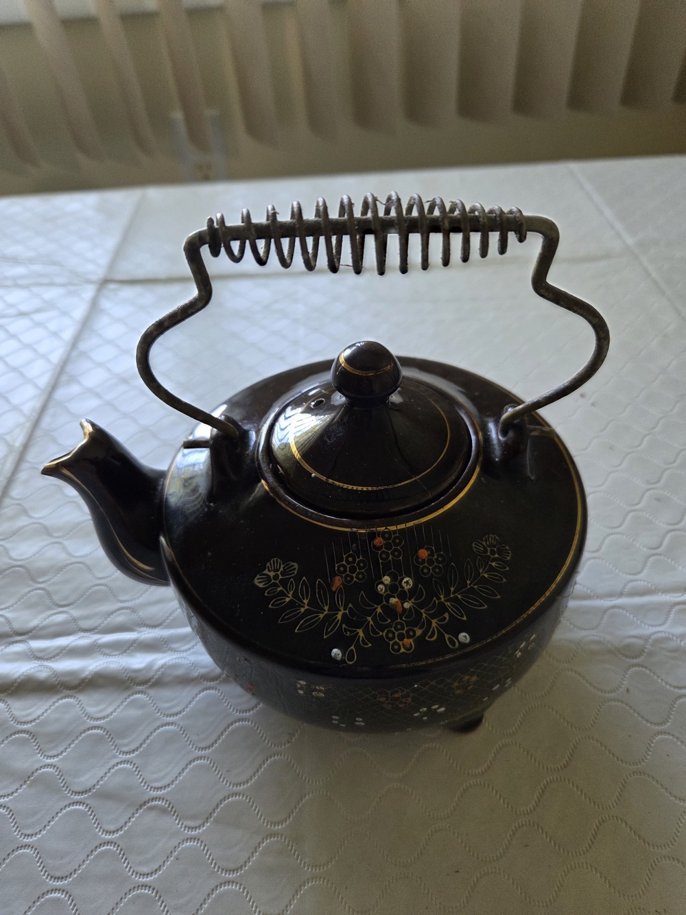 Black Floral Ceramic Teapot with Metal Handle